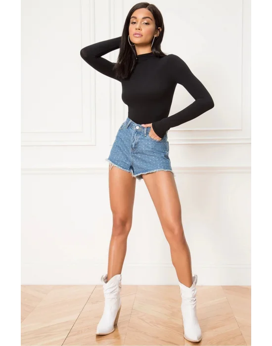 Kadın Siyah Uzun Kollu Ipek Jarse Bodysuit