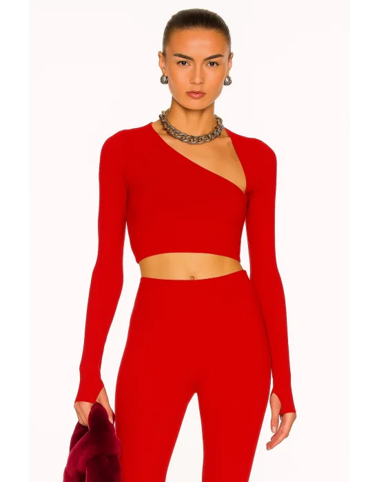 MetuCa Kadın Kırmızı Asimetrik Yaka Uzun Kollu Parmak Geçmeli Sandy Kumaş Crop Bluz