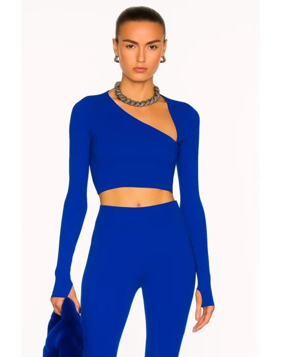 MetuCa Kadın Mavi Asimetrik Yaka Uzun Kollu Parmak Geçmeli Sandy Kumaş Crop Bluz