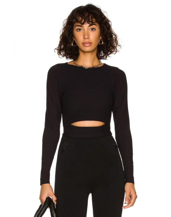 Kadın Siyah Uzun Kollu Ipek Jarse Crop Top