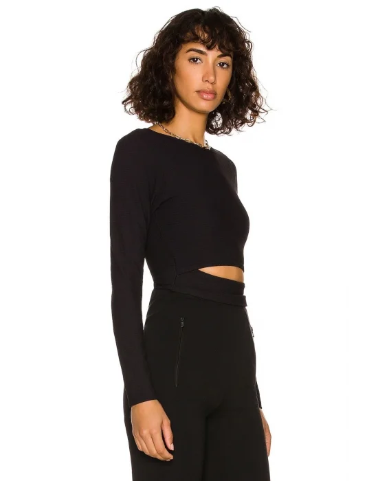 Kadın Siyah Uzun Kollu Ipek Jarse Crop Top