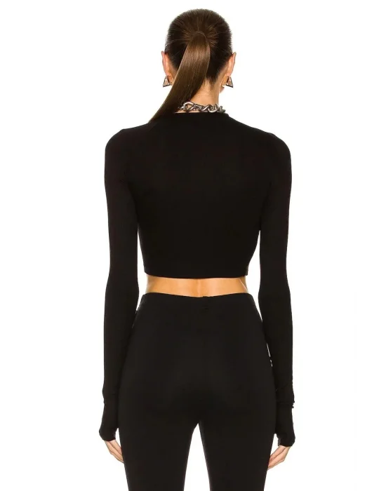 MetuCa Kadın Siyah Asimetrik Yaka Uzun Kollu Parmak Geçmeli Sandy Kumaş Crop Bluz