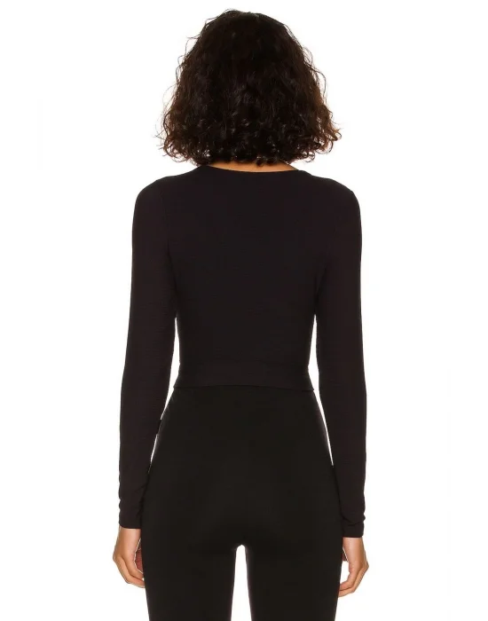 Kadın Siyah Uzun Kollu Ipek Jarse Crop Top