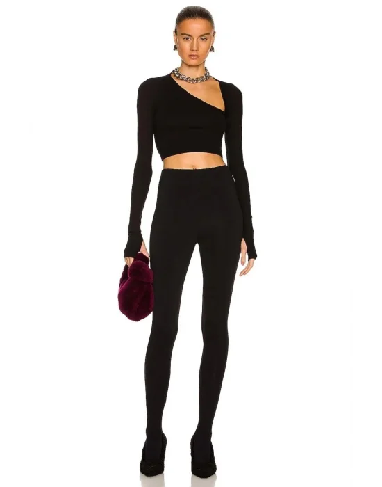 MetuCa Kadın Siyah Asimetrik Yaka Uzun Kollu Parmak Geçmeli Sandy Kumaş Crop Bluz