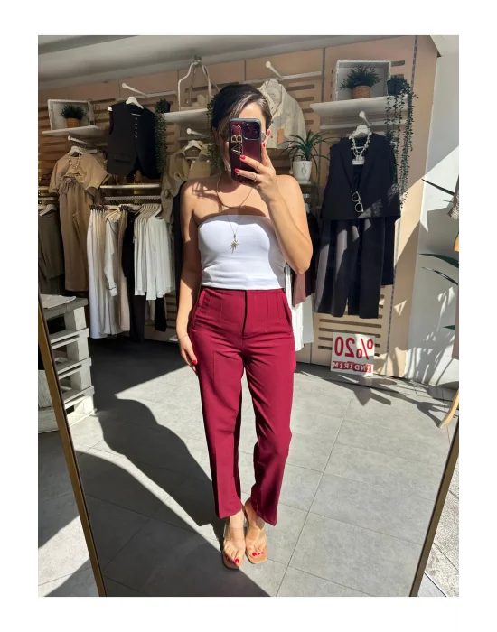 MetuCa Kadın Bordo Yüksek Bel Pens Detaylı Bilek Boy Havuç Kesim Tok Kumaş Pantolon Slim Fit ( Esnek Değildir )