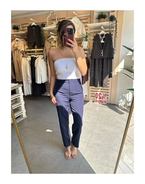 MetuCa Kadın Lacivert Yüksek Bel Pens Detaylı Bilek Boy Havuç Kesim Tok Kumaş Pantolon Slim Fit ( Esnek Değildir )