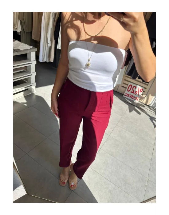 MetuCa Kadın Bordo Yüksek Bel Pens Detaylı Bilek Boy Havuç Kesim Tok Kumaş Pantolon Slim Fit ( Esnek Değildir )