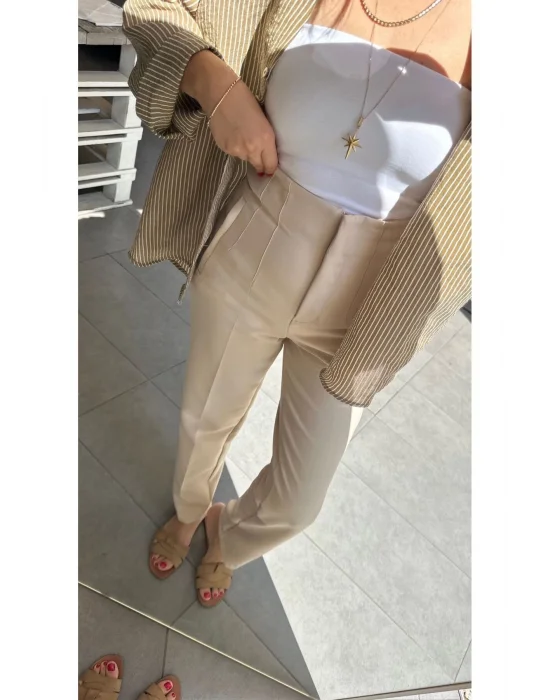 MetuCa Kadın Taş Rengi Yüksek Bel Pens Detaylı Bilek Boy Havuç Kesim Tok Kumaş Pantolon Slim Fit ( Esnek Değildir )