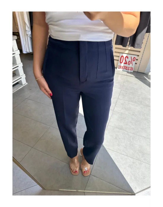 MetuCa Kadın Lacivert Yüksek Bel Pens Detaylı Bilek Boy Havuç Kesim Tok Kumaş Pantolon Slim Fit ( Esnek Değildir )