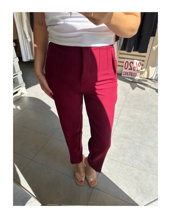 MetuCa Kadın Bordo Yüksek Bel Pens Detaylı Bilek Boy Havuç Kesim Tok Kumaş Pantolon Slim Fit ( Esnek Değildir )