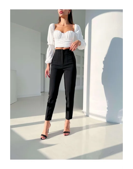 MetuCa Kadın Siyah Yüksek Bel Pens Detaylı Bilek Boy Havuç Kesim Tok Kumaş Pantolon Slim Fit ( Esnek Değildir )