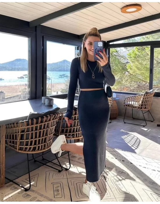 Kadın Soft Kaşkorse Kumaş Bluz Ve Yırtmaç Detaylı Etek Ikili Takım