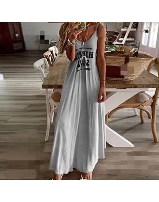 Kadın Süprem Kumaş Dijital Baskılı Askılı Maxi Boy Askılı Elbise