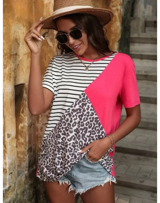 Kadın Süprem Kumaş Leopar Desenli Ve Cizgili Oversize Bluz