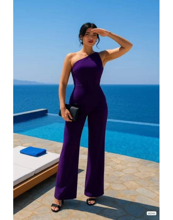 Kadın Tek Omuz Acık Detaylı Scuba Tulum Elbise