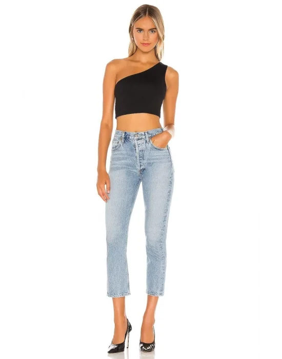 Kadın Tek Omuz Sıfır Kol Ipek Jarse Crop Top