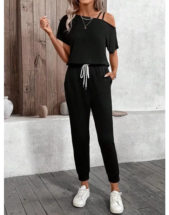 Kadın Tek Omuzdan Açık Viskon Iki Iplik Bluz Bağcıklı Pantolon Ikili Takım