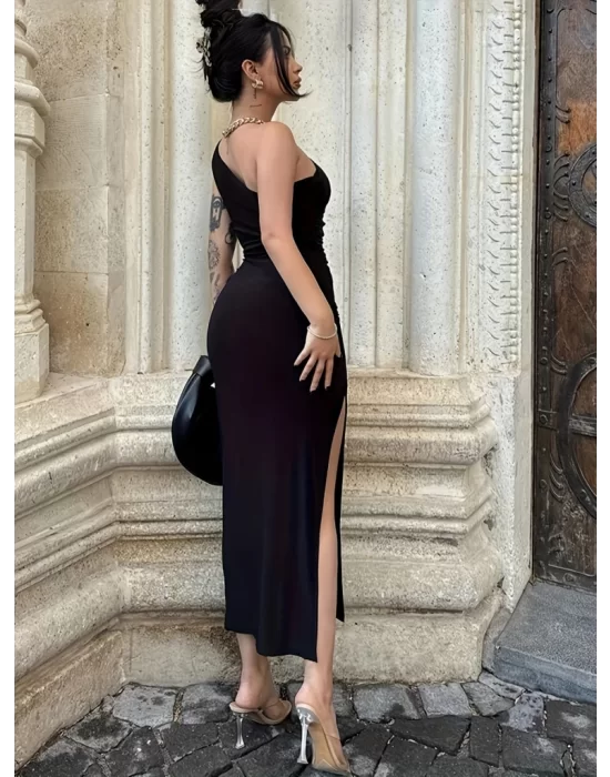 Kadın Tek Omuzu Açık Büzgülü Yandan Yırtmaçlı Uzun Sandy Elbise