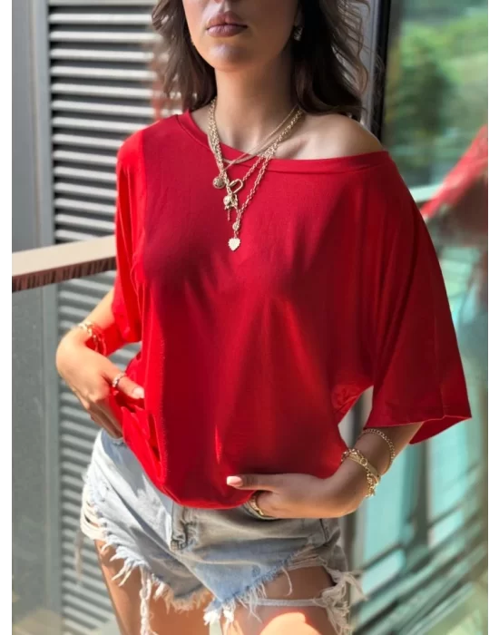 Kadın Tek Omuzu Açık Kısa Kollu Salaş Viskon Bluz