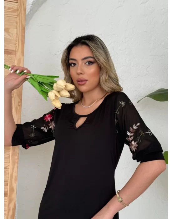 Kadın Truvakar Kol çiçek Desenli Tül Kol Bisiklet Yaka çiçek Desen Sandy Salaş Kısa Elbise