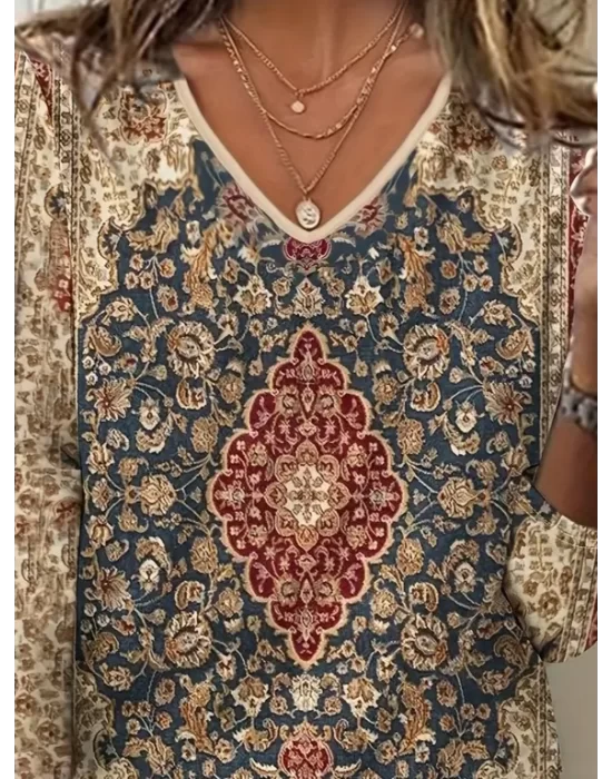 Kadın Truvakar  Kollu V Yakalı Etnik Desenli Süprem Bluz