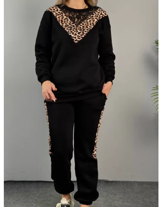 Kadın üç Iplik Kumaş Leopar Desenli Dantel Detaylı Ikili Takım