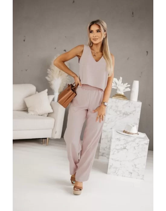 Kadın Üstü V Yaka Kolsuz Krop Alt Beli Lastikli Pantalon İki İplik Takım