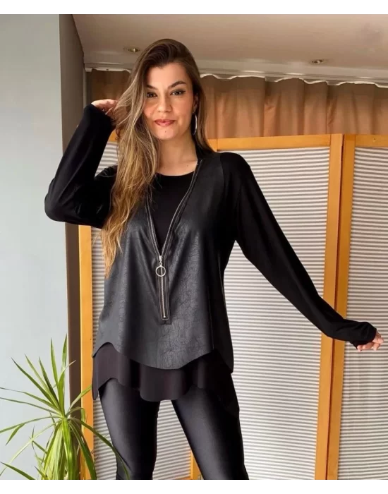 Kadın Uzun Kol Asimetrik Kesim Viskon Bluz Ve çatlak Deri Görünümlü Fermuar Detaylı Yelek Ikili Takım