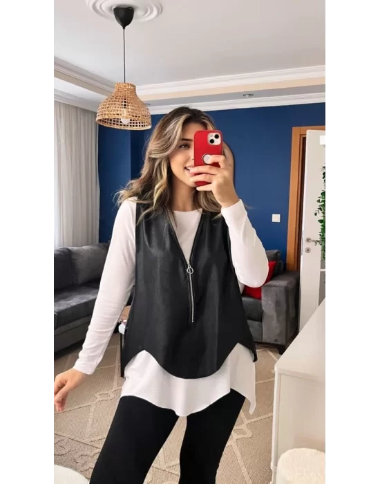 Kadın Uzun Kol Asimetrik Kesim Viskon Bluz Ve çatlak Deri Görünümlü Fermuar Detaylı Yelek Ikili Takım