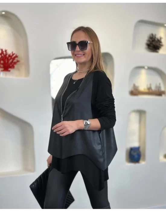 Kadın Uzun Kol Asimetrik Kesim Viskon Bluz Ve çatlak Deri Görünümlü Fermuar Detaylı Yelek Ikili Takım
