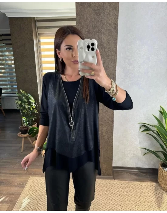 Kadın Uzun Kol Asimetrik Kesim Viskon Bluz Ve çatlak Deri Görünümlü Fermuar Detaylı Yelek Ikili Takım