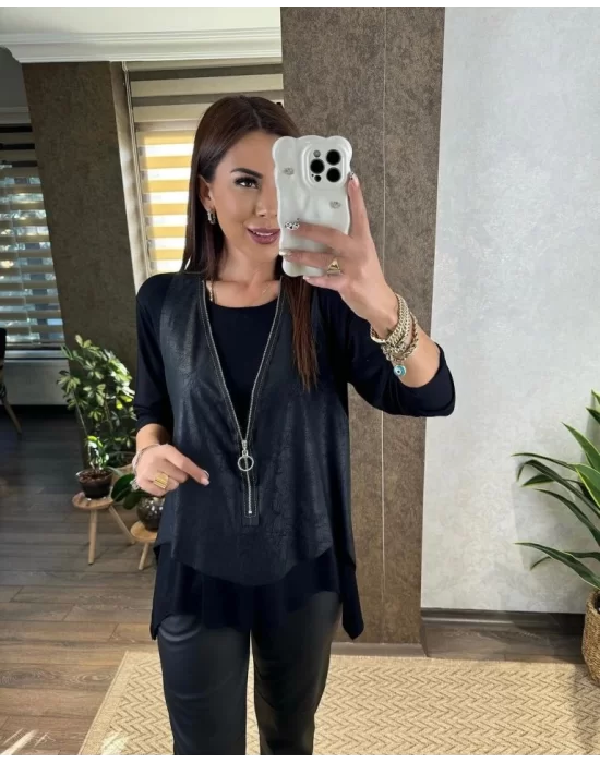 Kadın Uzun Kol Asimetrik Kesim Viskon Bluz Ve çatlak Deri Görünümlü Fermuar Detaylı Yelek Ikili Takım
