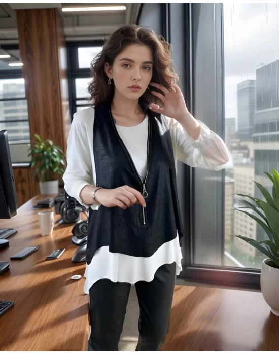 Kadın Uzun Kol Asimetrik Kesim Viskon Bluz Ve çatlak Deri Görünümlü Fermuar Detaylı Yelek Ikili Takım