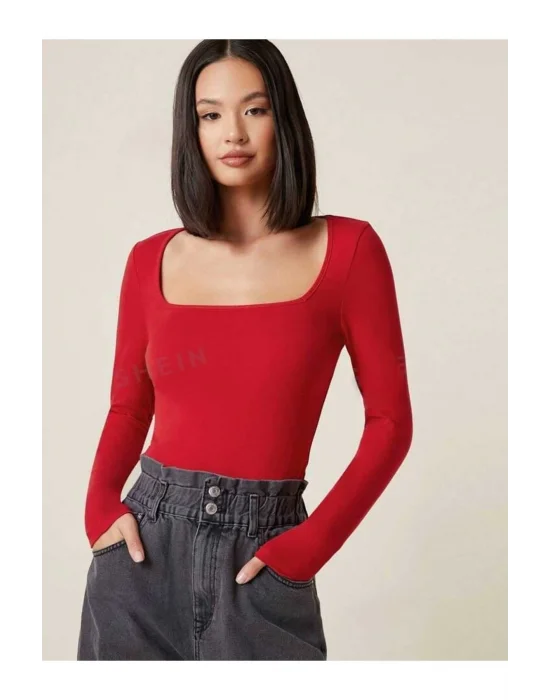 MetuCa Kadın Kırmızı Kare Yaka Uzun Kollu Vücudu Saran İpek Jarse Kumaş Basic Bluz Badic