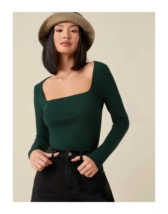 MetuCa Kadın Yeşil Kare Yaka Uzun Kollu Vücudu Saran İpek Jarse Kumaş Basic Bluz Badic