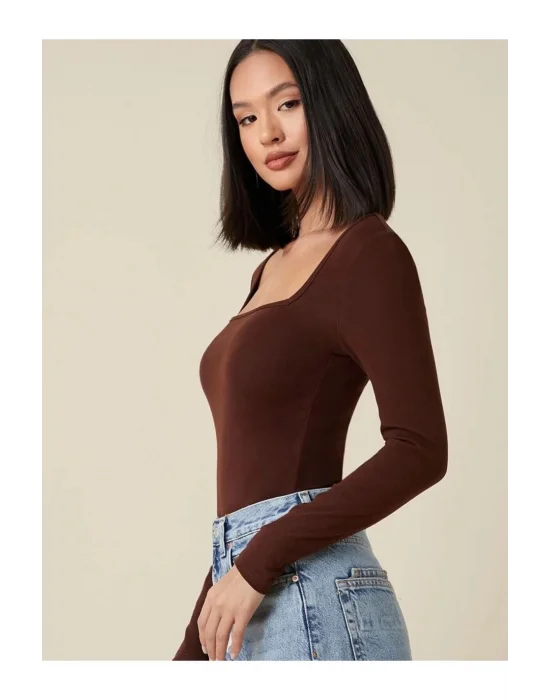 MetuCa Kadın Kahverengi Kare Yaka Uzun Kollu Vücudu Saran İpek Jarse Kumaş Basic Bluz Badic