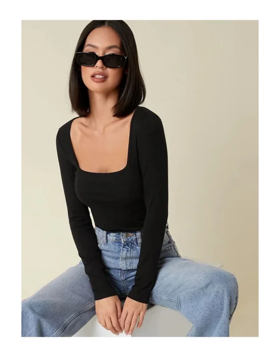 MetuCa Kadın Siyah Kare Yaka Uzun Kollu Vücudu Saran İpek Jarse Kumaş Basic Bluz Badic