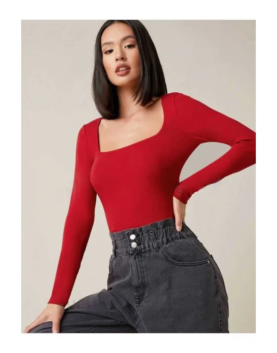 MetuCa Kadın Kırmızı Kare Yaka Uzun Kollu Vücudu Saran İpek Jarse Kumaş Basic Bluz Badic