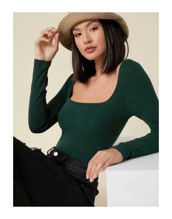 MetuCa Kadın Yeşil Kare Yaka Uzun Kollu Vücudu Saran İpek Jarse Kumaş Basic Bluz Badic