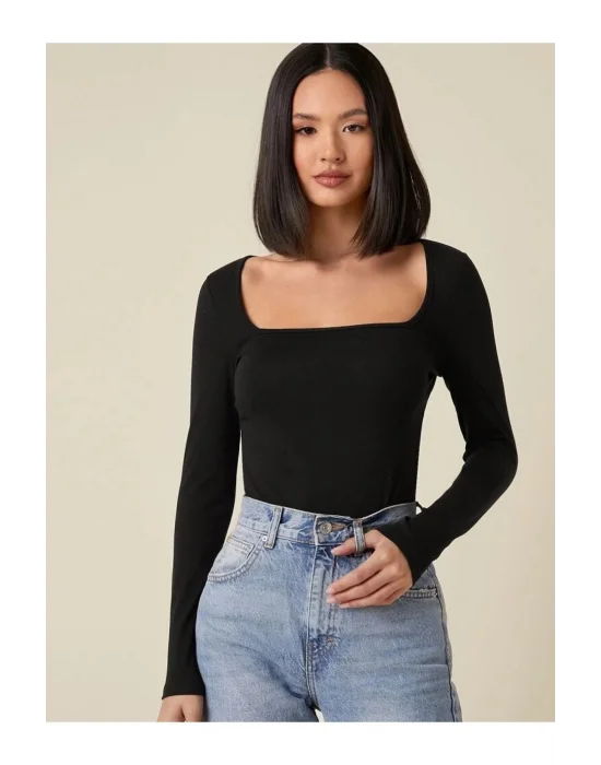 MetuCa Kadın Siyah Kare Yaka Uzun Kollu Vücudu Saran İpek Jarse Kumaş Basic Bluz Badic