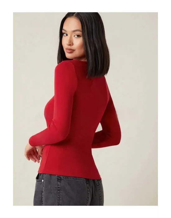 MetuCa Kadın Kırmızı Kare Yaka Uzun Kollu Vücudu Saran İpek Jarse Kumaş Basic Bluz Badic