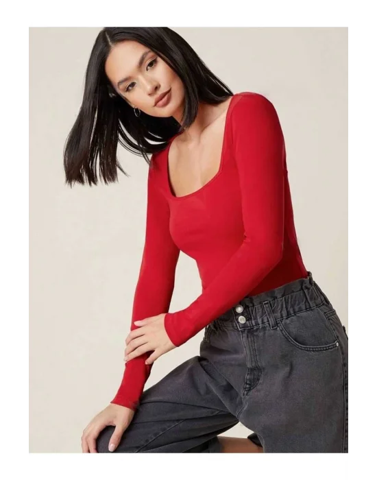 MetuCa Kadın Kırmızı Kare Yaka Uzun Kollu Vücudu Saran İpek Jarse Kumaş Basic Bluz Badic