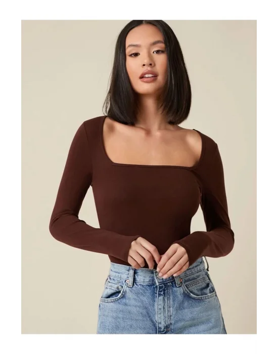 MetuCa Kadın Kahverengi Kare Yaka Uzun Kollu Vücudu Saran İpek Jarse Kumaş Basic Bluz Badic