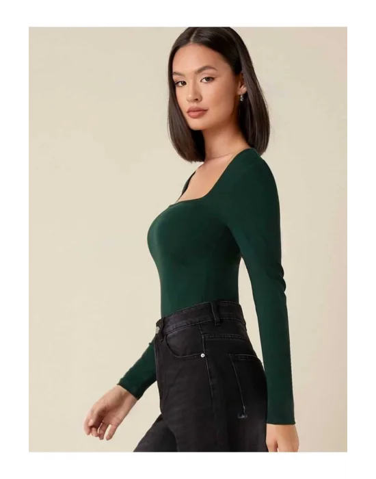 MetuCa Kadın Yeşil Kare Yaka Uzun Kollu Vücudu Saran İpek Jarse Kumaş Basic Bluz Badic