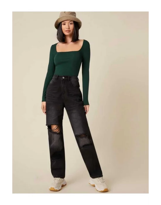 MetuCa Kadın Yeşil Kare Yaka Uzun Kollu Vücudu Saran İpek Jarse Kumaş Basic Bluz Badic