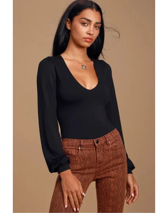 Kadın Uzun Kol Ipek Jarse Bodysuit