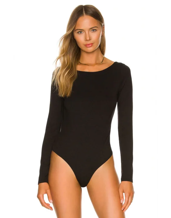 MetuCa Kadın Siyah Kayık Yaka Sırt Dekolteli Uzun Kollu Tanga Kesim Bodysuit Zıbın