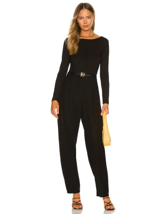 MetuCa Kadın Siyah Kayık Yaka Sırt Dekolteli Uzun Kollu Tanga Kesim Bodysuit Zıbın