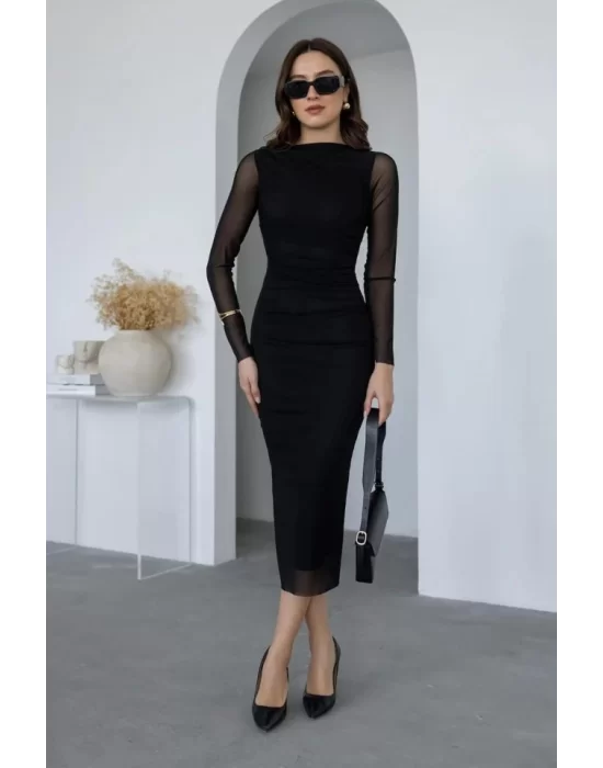 Kadın Uzun Kol Tül Drapeli Midi Boy Elbise