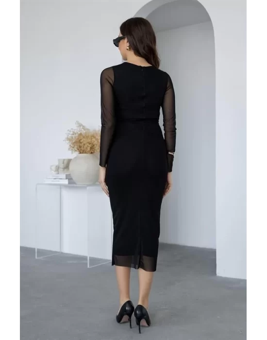 Kadın Uzun Kol Tül Drapeli Midi Boy Elbise
